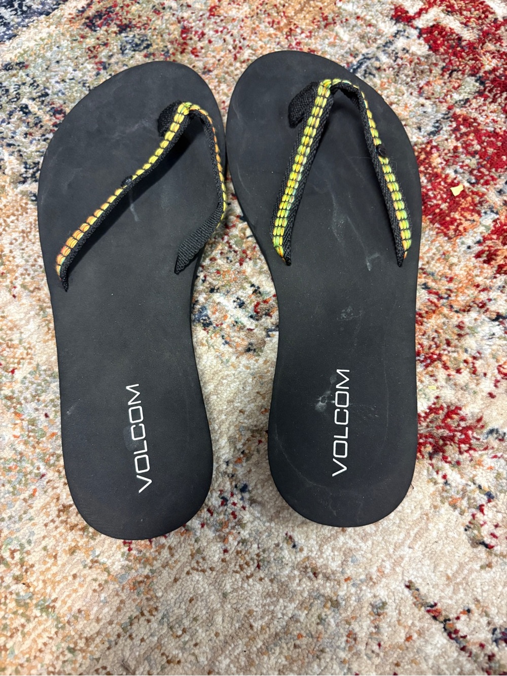 Volcom Women's Black Sandal Flip Flops with Yellow Accents